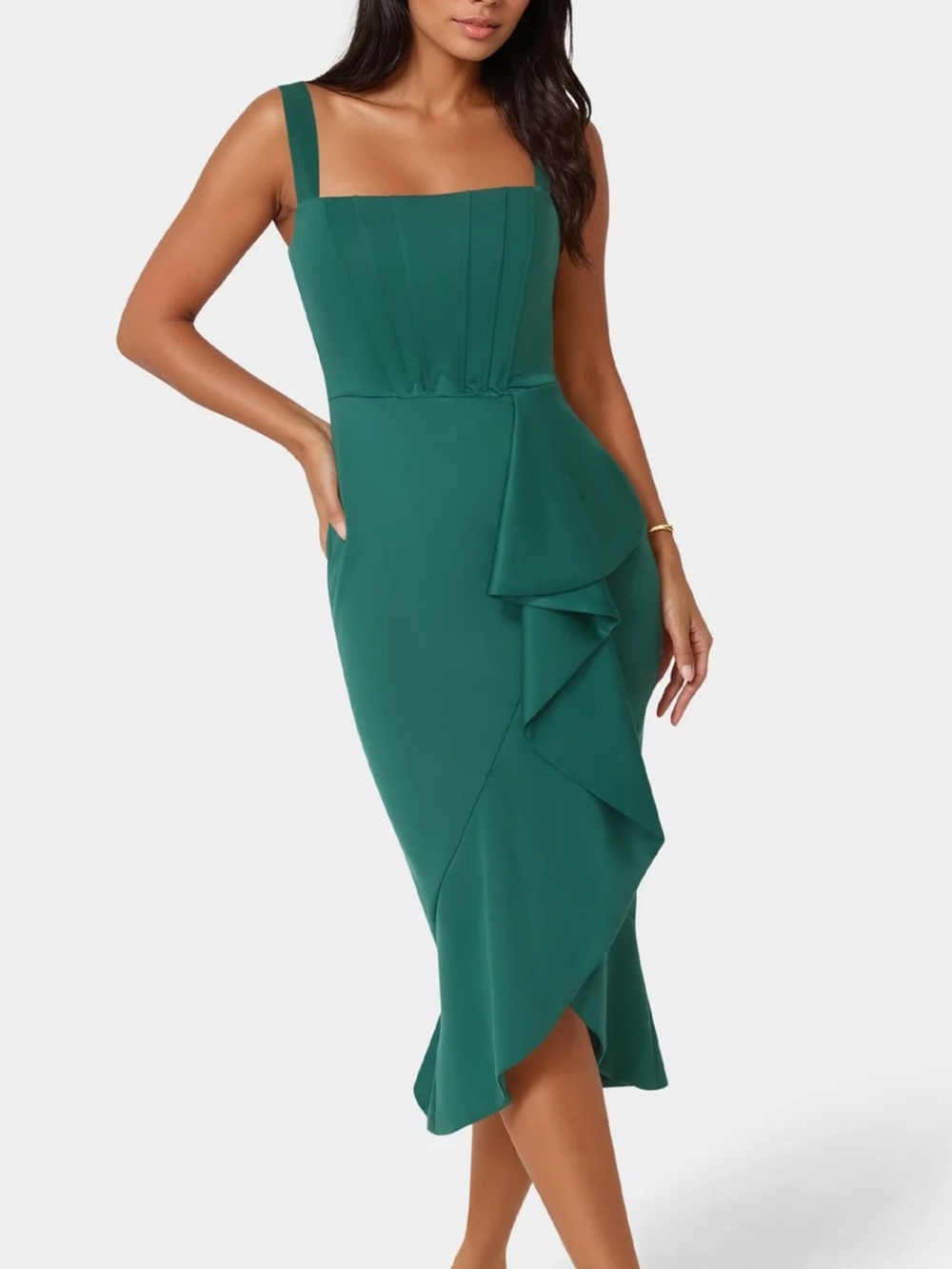 bebe Scuba Bustier Ruffle Wrap Dress Square Neck Emerald Green Women’s Size XL